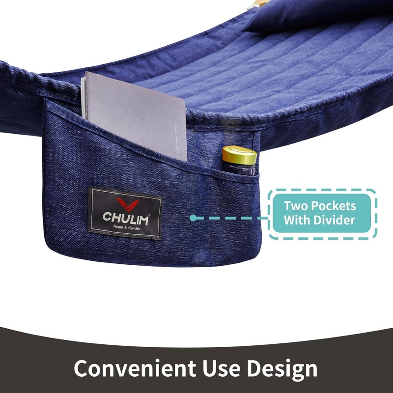 CHULIM Double Quilted Fabric Hammock with Hardwood Spreader Bars and Pillow 450 LBS Capacity 2 Person Large Hammock for Outdoor Patio Backyard Poolside - Dark Blue - Image 4